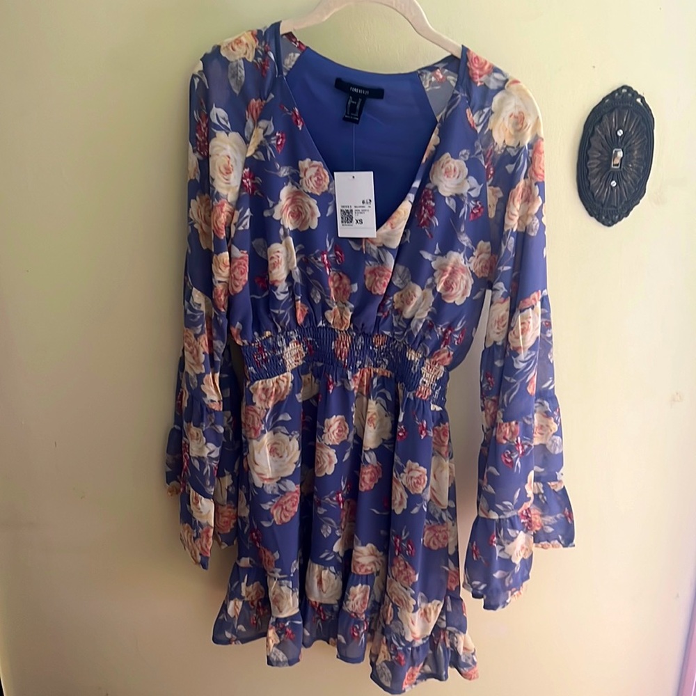 Floral print ruffles long sleeves dress